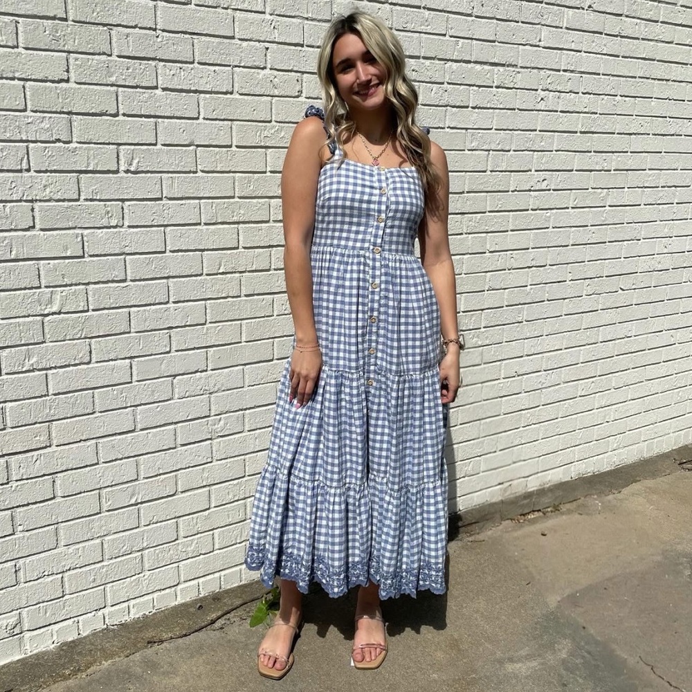 NWT Shabby Chic Blue White Gingham Sleeveless Smocked Maxi Dress US 14